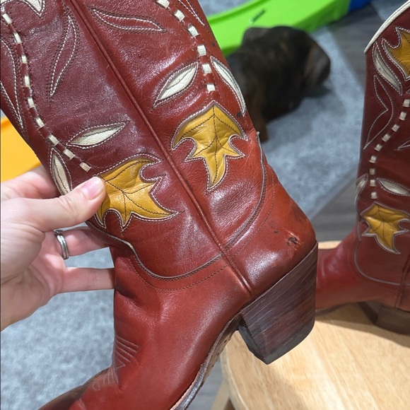 Dan Post Red Leather Heeled Boots with Yellow and Cream Accents - Picture 3 of 11